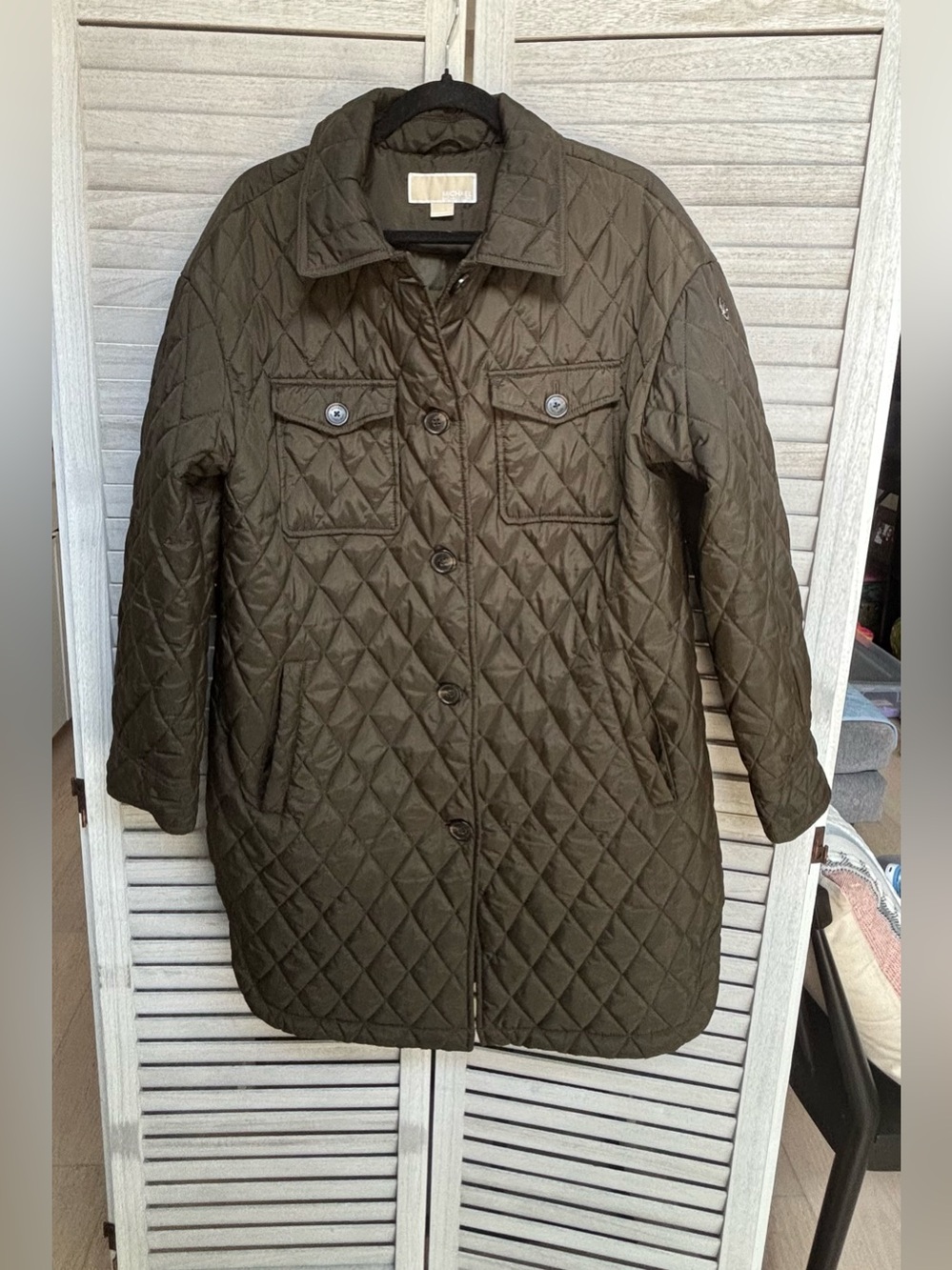 MICHAEL Michael Kors Womens Olive Green Quilted Coat  Size L